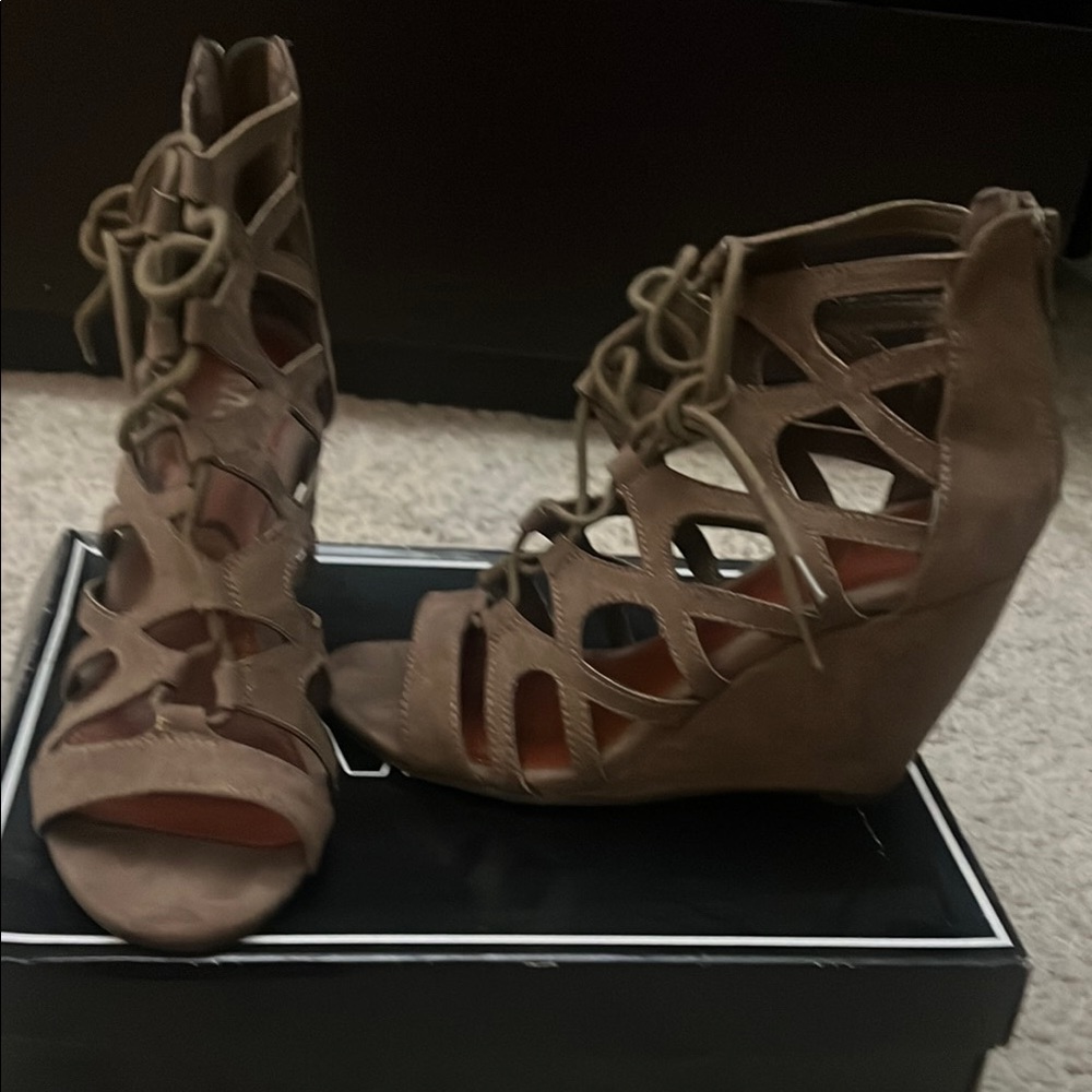 Brown Lace-Up Wedge Sandals